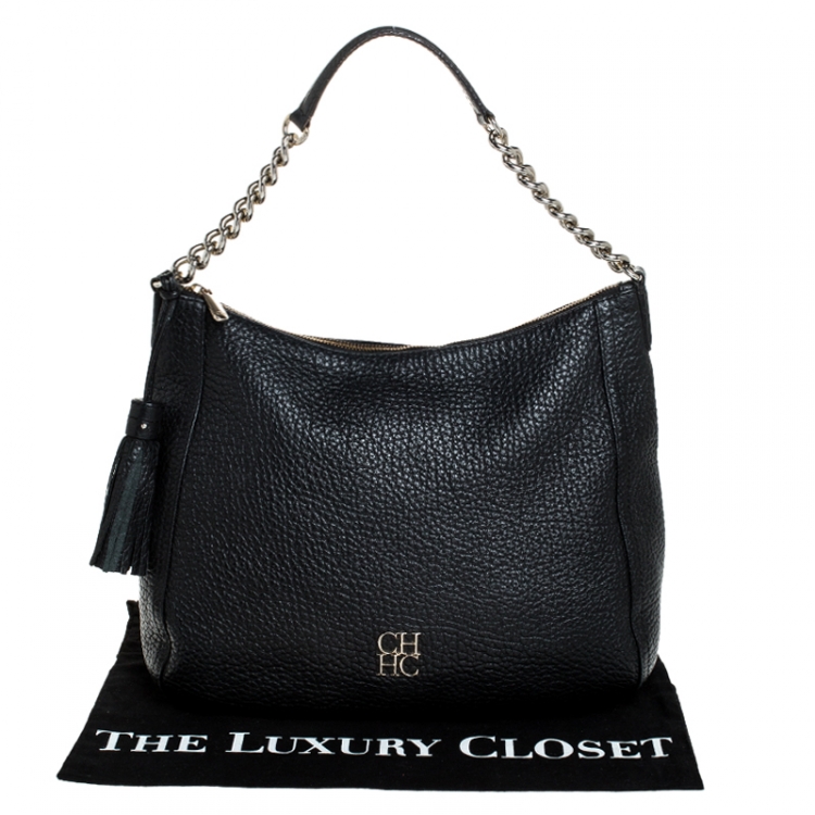 Pre Owned Carolina Herrera Black Leather Tassel Chain Hobo