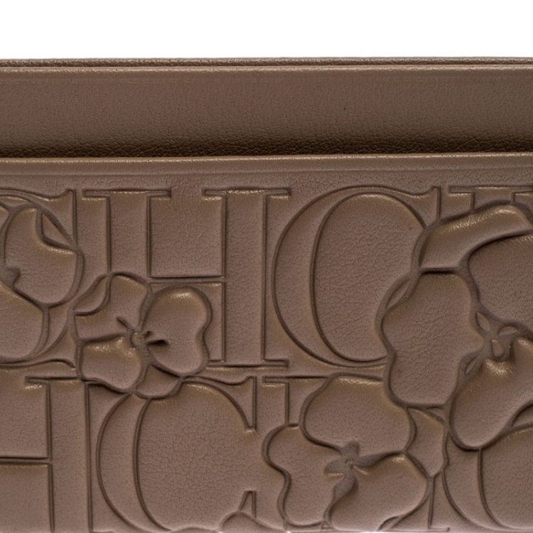 Pre Owned Carolina Herrera Beige Leather Embossed Card Holder