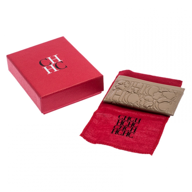 Pre Owned Carolina Herrera Beige Leather Embossed Card Holder
