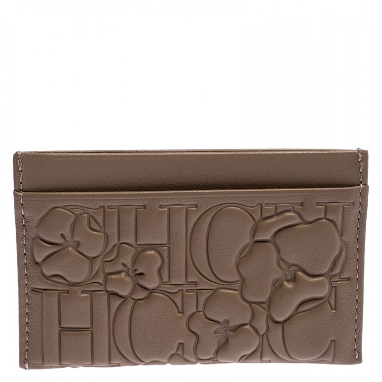 Pre Owned Carolina Herrera Beige Leather Embossed Card Holder