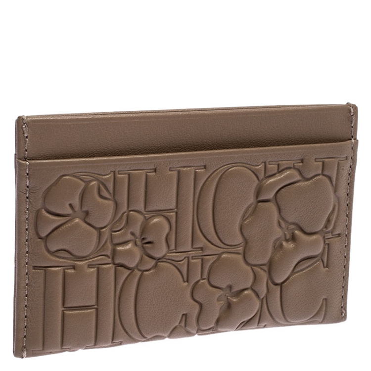 Pre Owned Carolina Herrera Beige Leather Embossed Card Holder