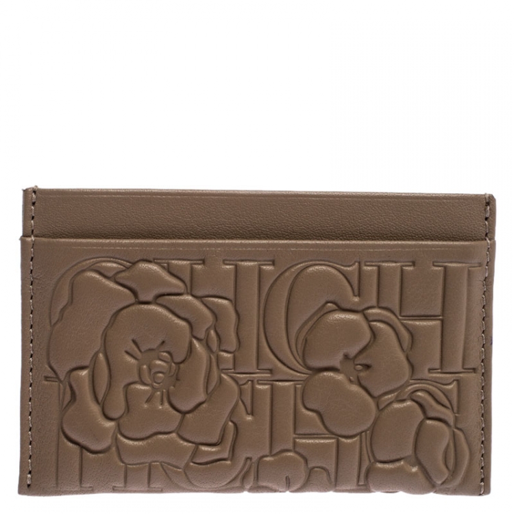 Pre Owned Carolina Herrera Beige Leather Embossed Card Holder