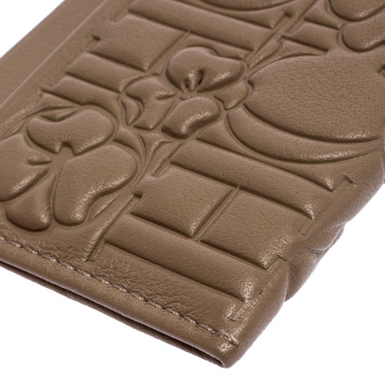 Pre Owned Carolina Herrera Beige Leather Embossed Card Holder