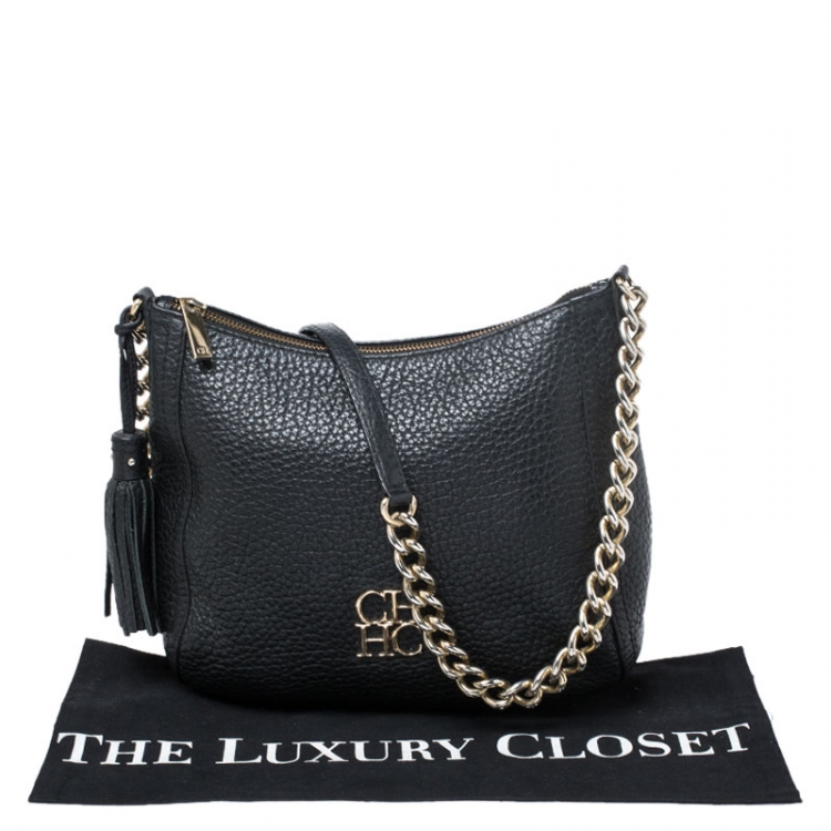Pre Owned Carolina Herrera Black Leather Chain Tassel Shoulder Bag