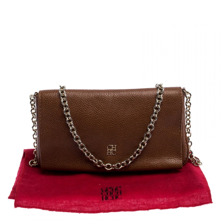 Pre Owned Carolina Herrera Tan Leather Chain Flap Shoulder Bag