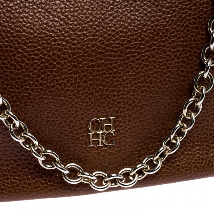 Pre Owned Carolina Herrera Tan Leather Chain Flap Shoulder Bag