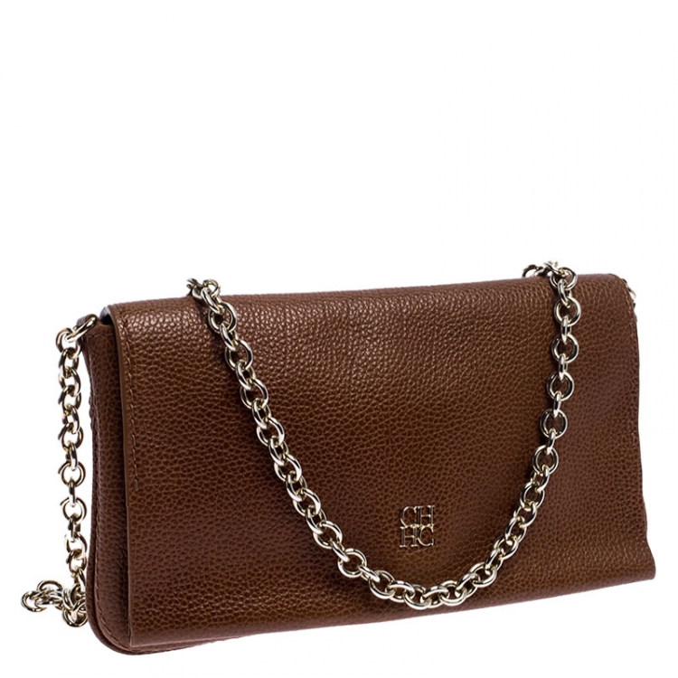 Pre Owned Carolina Herrera Tan Leather Chain Flap Shoulder Bag
