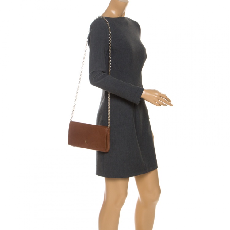 Pre Owned Carolina Herrera Tan Leather Chain Flap Shoulder Bag