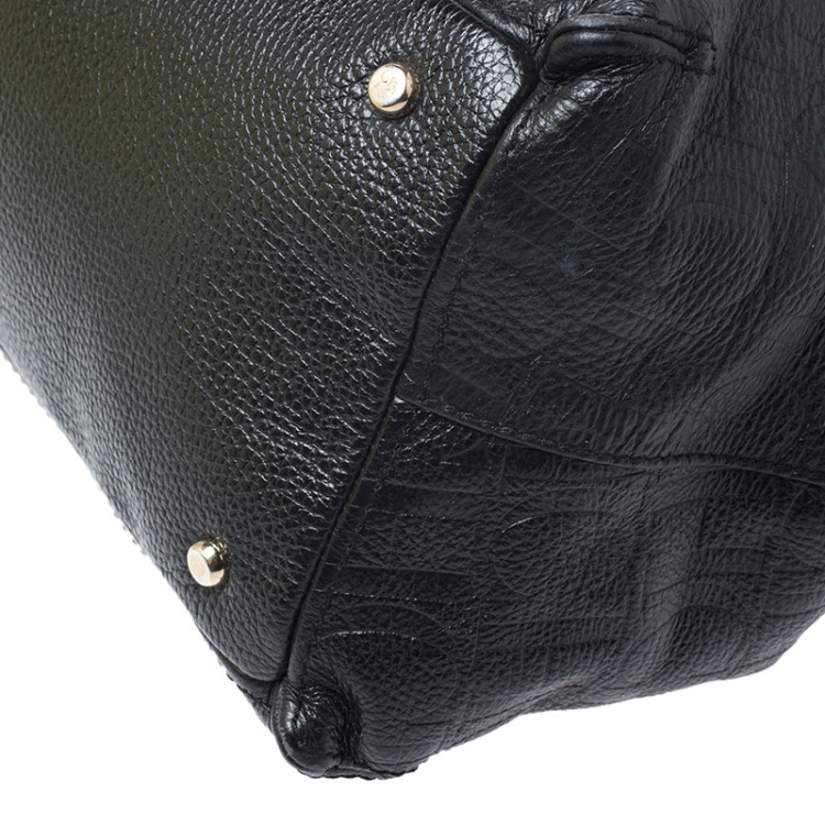 Pre Owned Carolina Herrera Black/Brown Monogram Embossed Leather Top Handle Bag