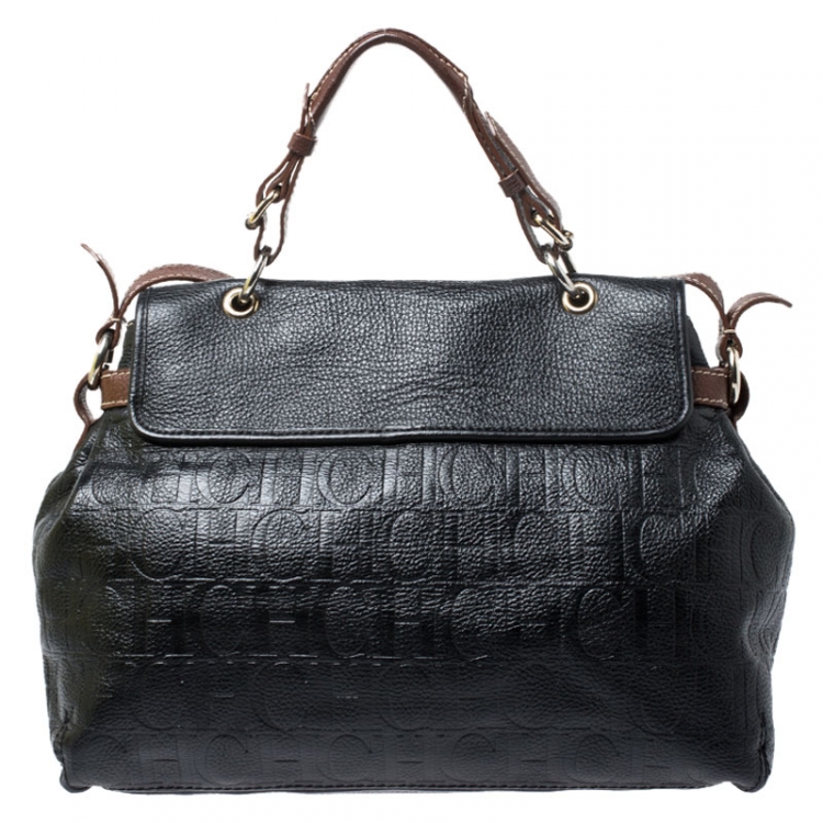 Pre Owned Carolina Herrera Black/Brown Monogram Embossed Leather Top Handle Bag