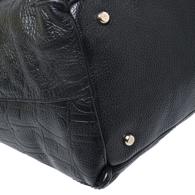 Pre Owned Carolina Herrera Black/Brown Monogram Embossed Leather Top Handle Bag