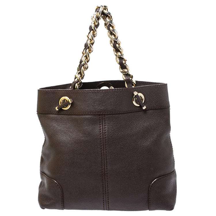 Pre Owned Carolina Herrera Brown Leather Chain Handle Tote Bag
