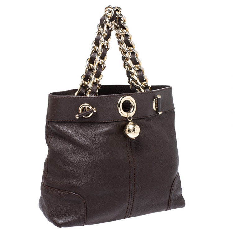 Pre Owned Carolina Herrera Brown Leather Chain Handle Tote Bag