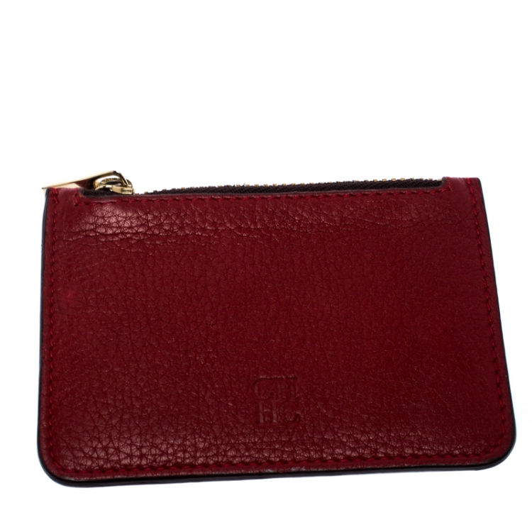 Pre Owned Carolina Herrera Red Monogram Leather Tri Fold Compact Wallet
