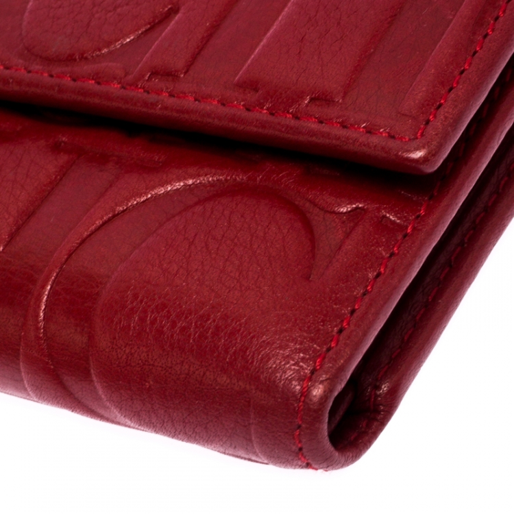 Pre Owned Carolina Herrera Red Monogram Leather Tri Fold Compact Wallet