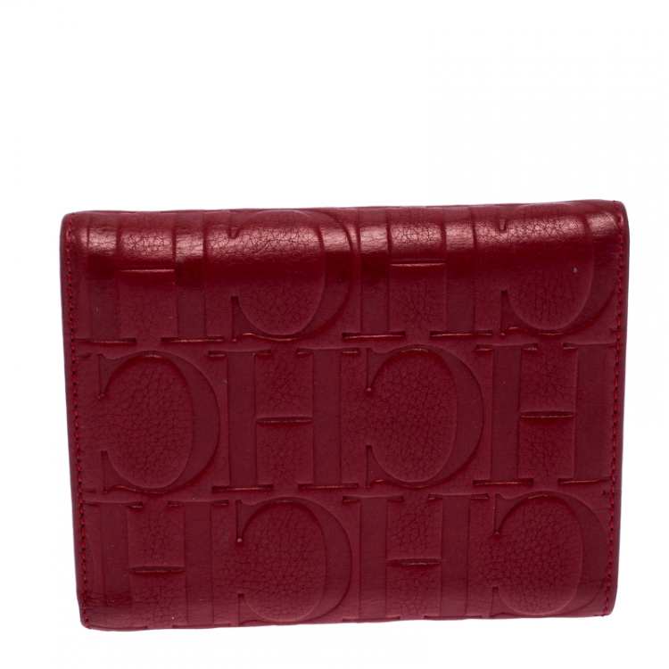 Pre Owned Carolina Herrera Red Monogram Leather Tri Fold Compact Wallet