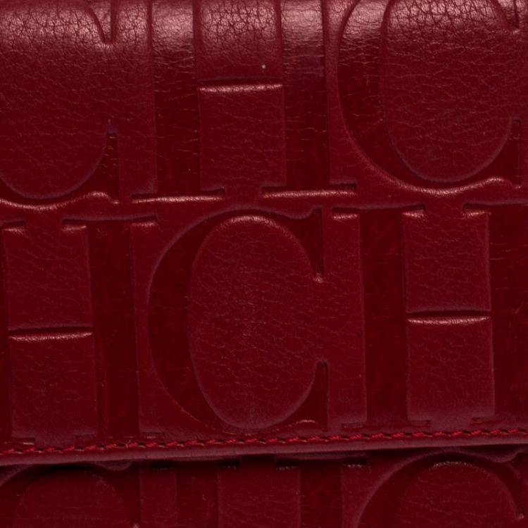 Pre Owned Carolina Herrera Red Monogram Leather Tri Fold Compact Wallet