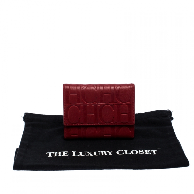 Pre Owned Carolina Herrera Red Monogram Leather Tri Fold Compact Wallet