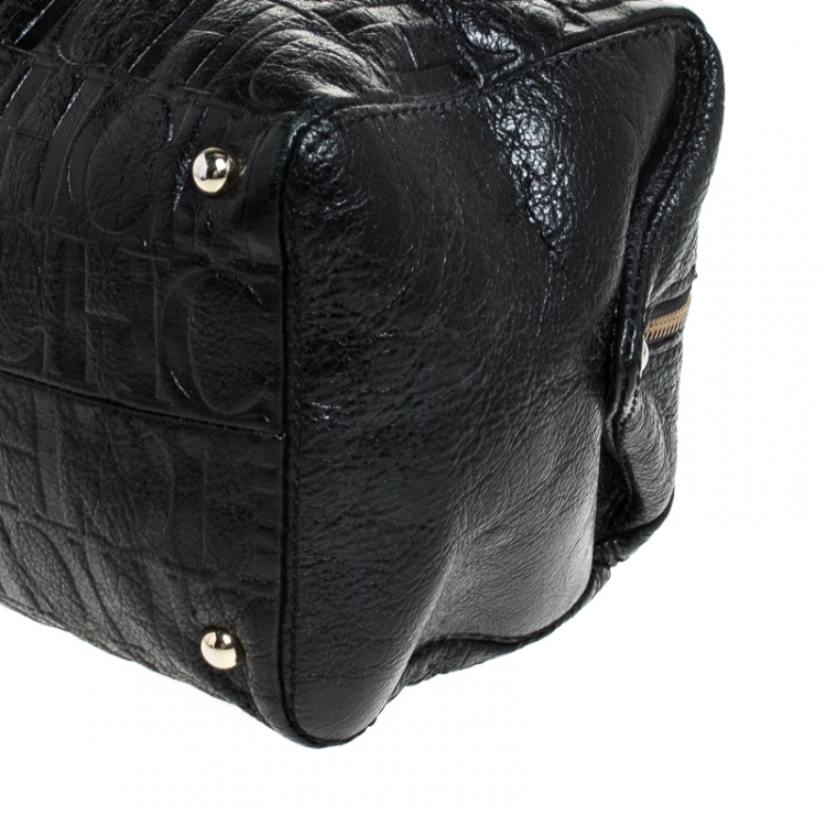 Pre Owned Carolina Herrera Black Monogram Leather Tassel Satchel