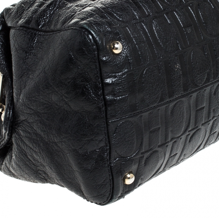 Pre Owned Carolina Herrera Black Monogram Leather Tassel Satchel