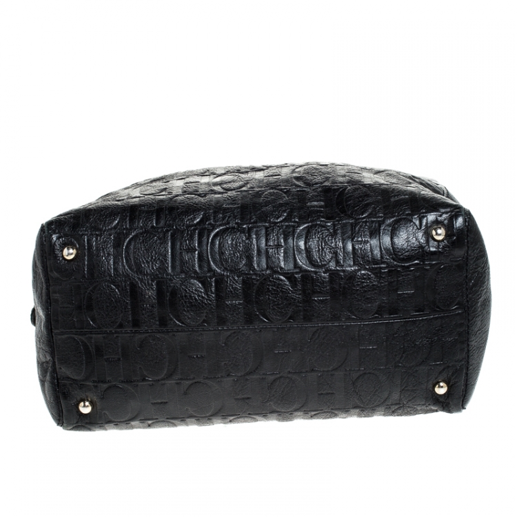 Pre Owned Carolina Herrera Black Monogram Leather Tassel Satchel