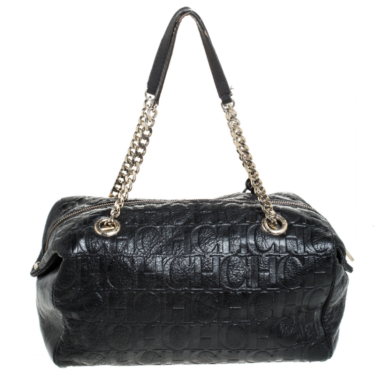 Pre Owned Carolina Herrera Black Monogram Leather Tassel Satchel
