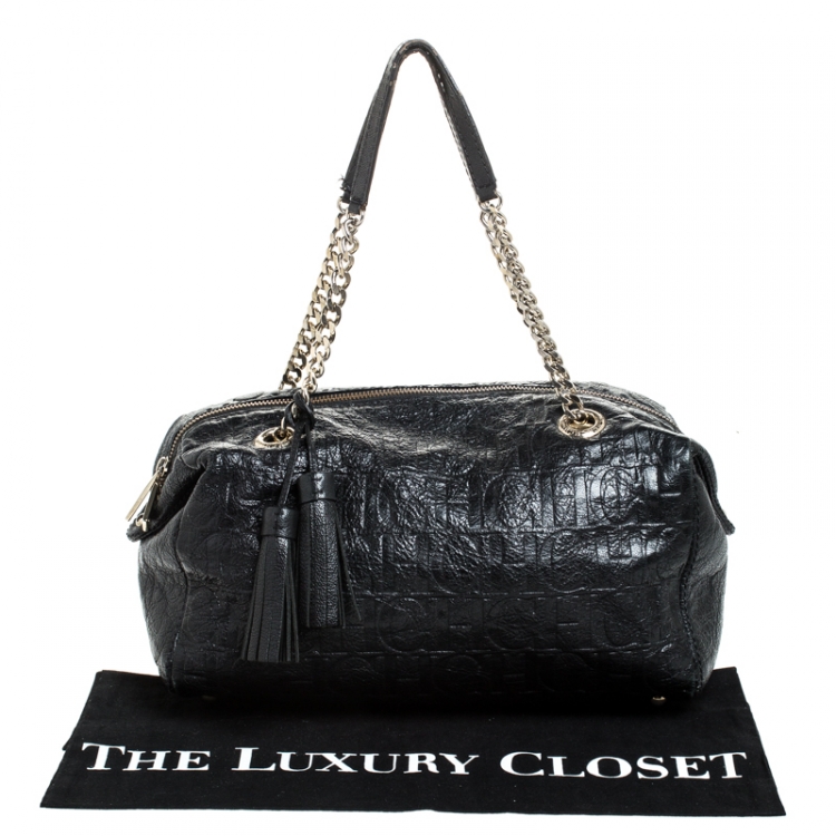 Pre Owned Carolina Herrera Black Monogram Leather Tassel Satchel