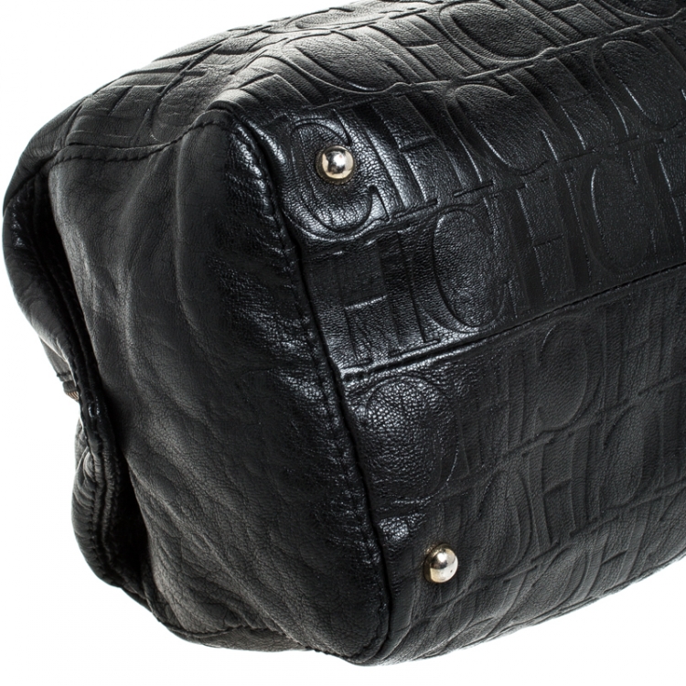 Pre Owned Carolina Herrera Black Monogram Leather Tassel Satchel