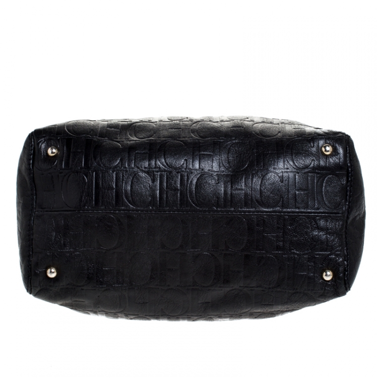 Pre Owned Carolina Herrera Black Monogram Leather Tassel Satchel