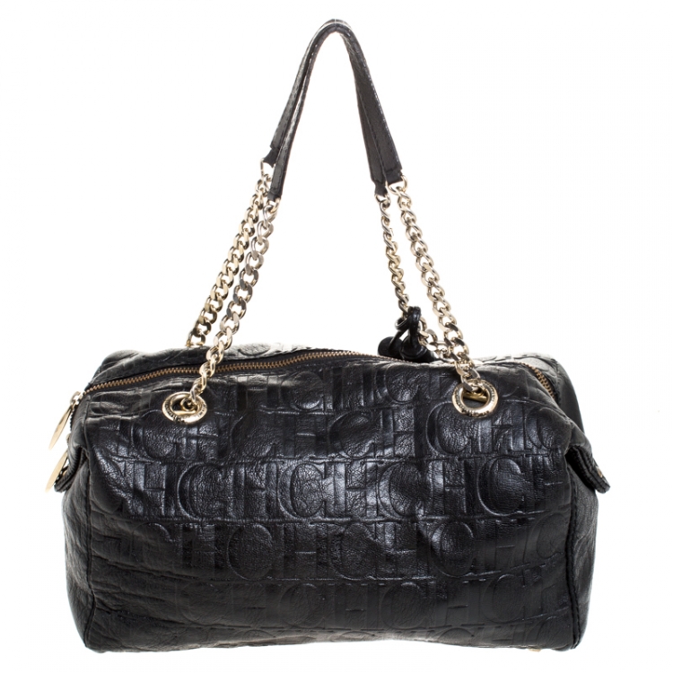 Pre Owned Carolina Herrera Black Monogram Leather Tassel Satchel