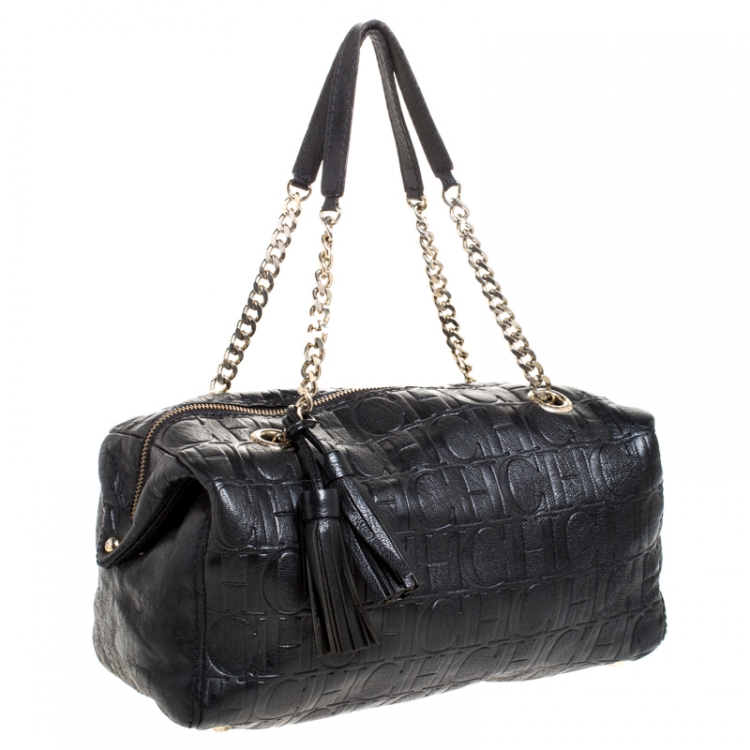 Pre Owned Carolina Herrera Black Monogram Leather Tassel Satchel