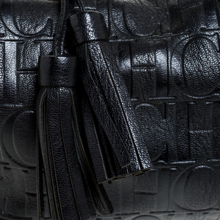 Pre Owned Carolina Herrera Black Monogram Leather Tassel Satchel