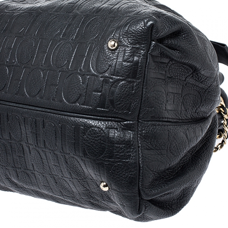 Pre Owned Carolina Herrera Black Embossed Leather Bow Bucket Shoulder Bag