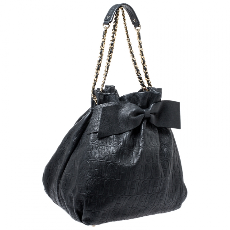 Pre Owned Carolina Herrera Black Embossed Leather Bow Bucket Shoulder Bag