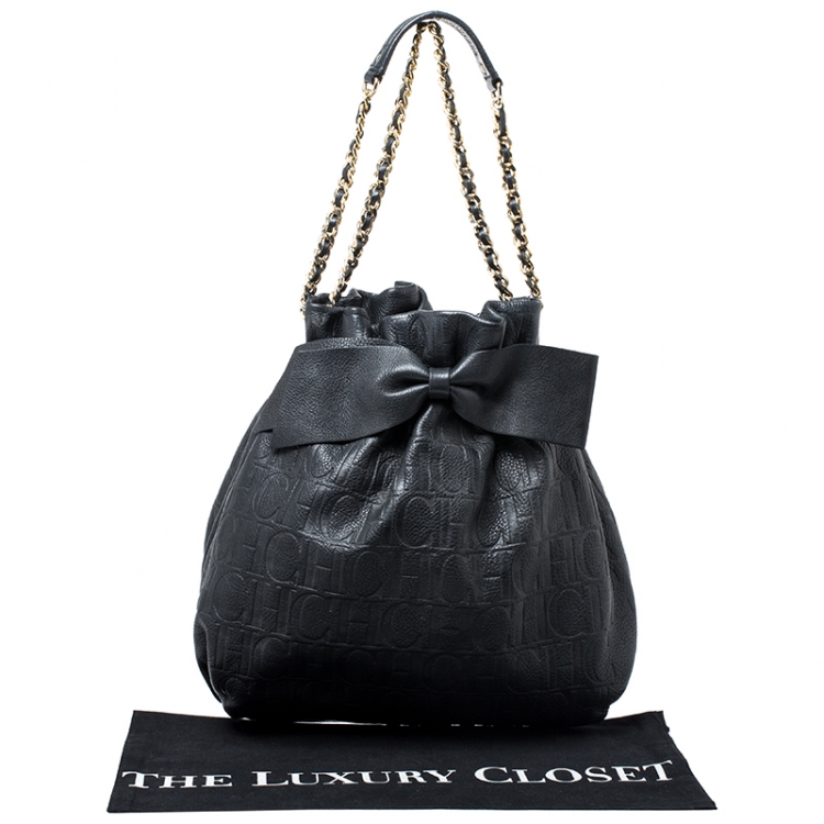 Pre Owned Carolina Herrera Black Embossed Leather Bow Bucket Shoulder Bag