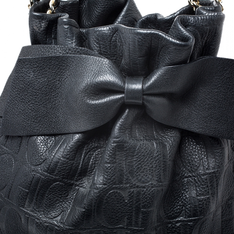 Pre Owned Carolina Herrera Black Embossed Leather Bow Bucket Shoulder Bag