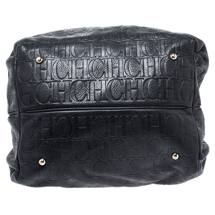 Pre Owned Carolina Herrera Black Embossed Leather Bow Bucket Shoulder Bag