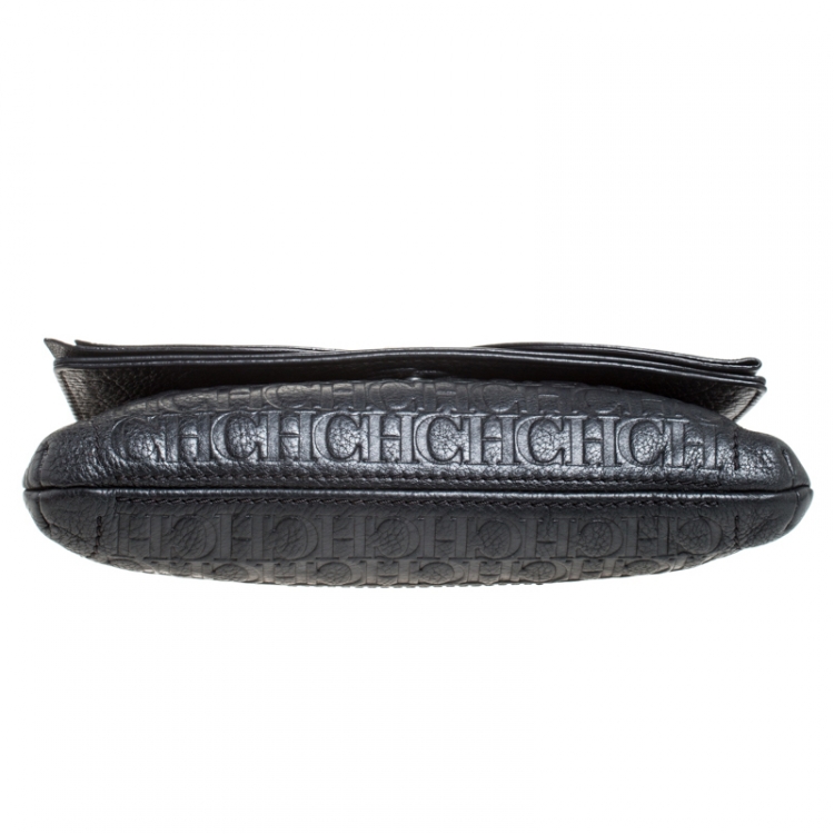 Pre Owned Carolina Herrera Black Monogram Embossed Leather Bow Shoulder Bag