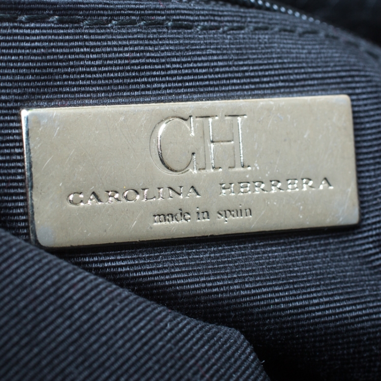 Pre Owned Carolina Herrera Black Monogram Embossed Leather Bow Shoulder Bag