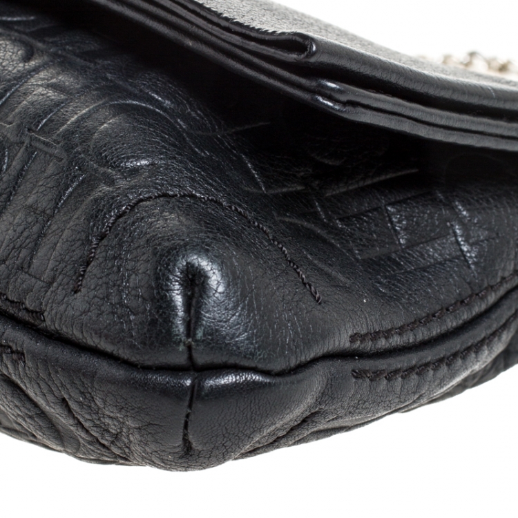 Pre Owned Carolina Herrera Black Monogram Embossed Leather Bow Shoulder Bag