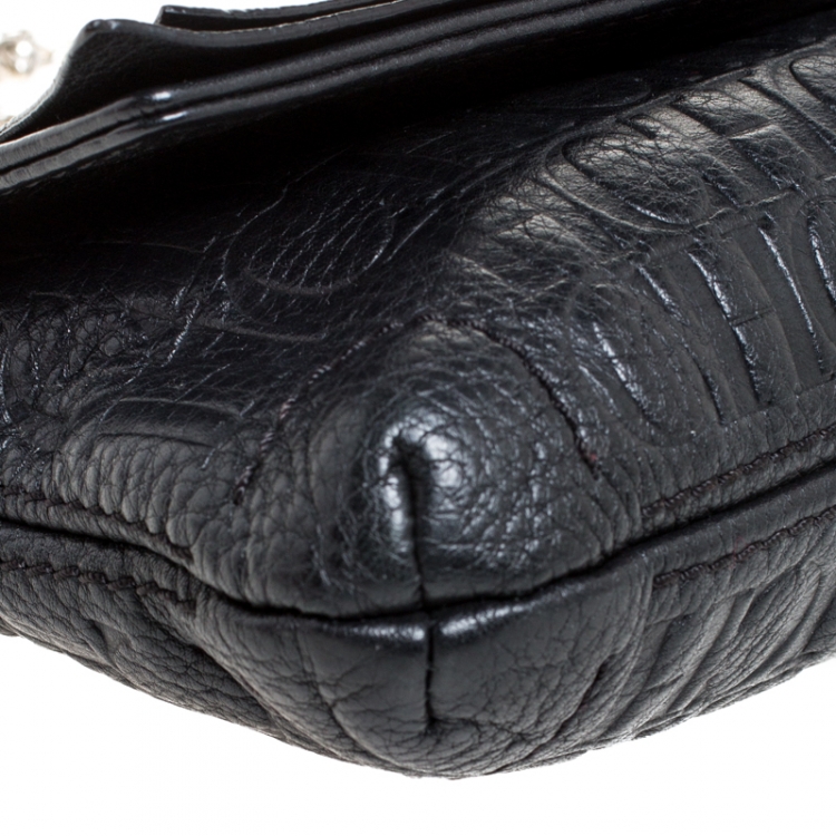 Pre Owned Carolina Herrera Black Monogram Embossed Leather Bow Shoulder Bag