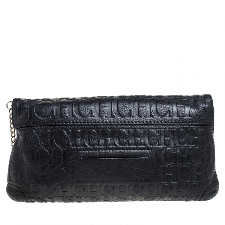 Pre Owned Carolina Herrera Black Monogram Embossed Leather Bow Shoulder Bag