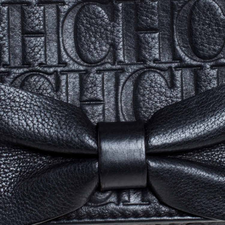 Pre Owned Carolina Herrera Black Monogram Embossed Leather Bow Shoulder Bag
