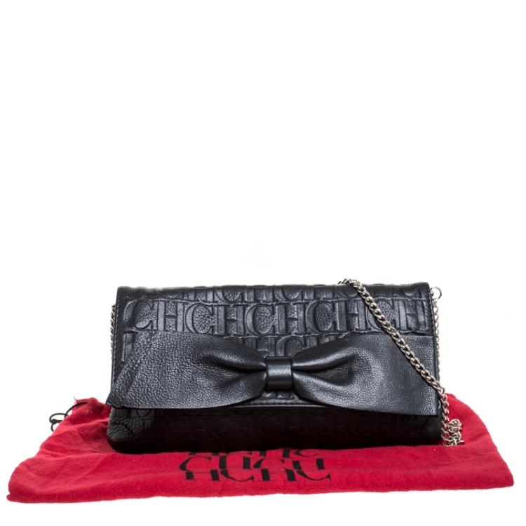 Pre Owned Carolina Herrera Black Monogram Embossed Leather Bow Shoulder Bag