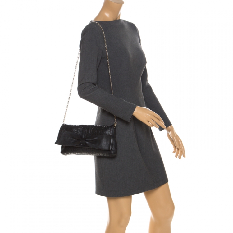 Pre Owned Carolina Herrera Black Monogram Embossed Leather Bow Shoulder Bag