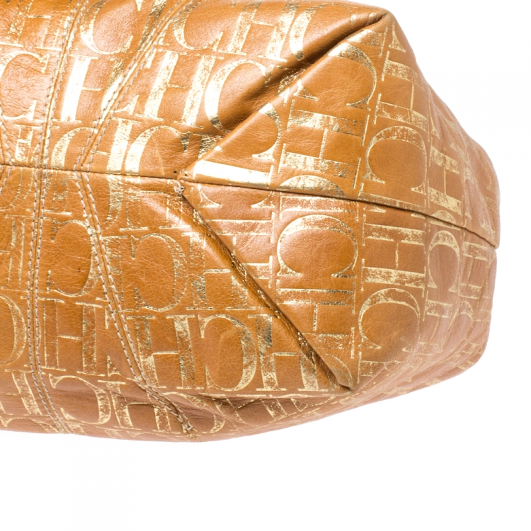 Pre Owned Carolina Herrera Brown/Gold Monogram Leather Chain Shoulder Bag