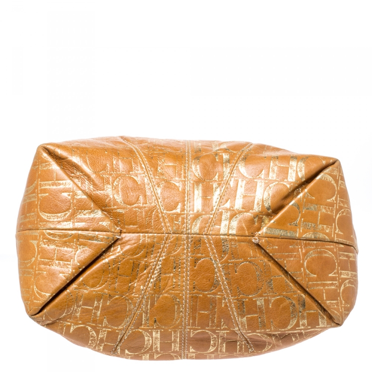 Pre Owned Carolina Herrera Brown/Gold Monogram Leather Chain Shoulder Bag