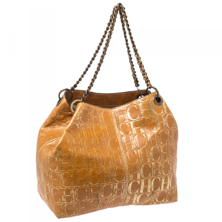 Pre Owned Carolina Herrera Brown/Gold Monogram Leather Chain Shoulder Bag