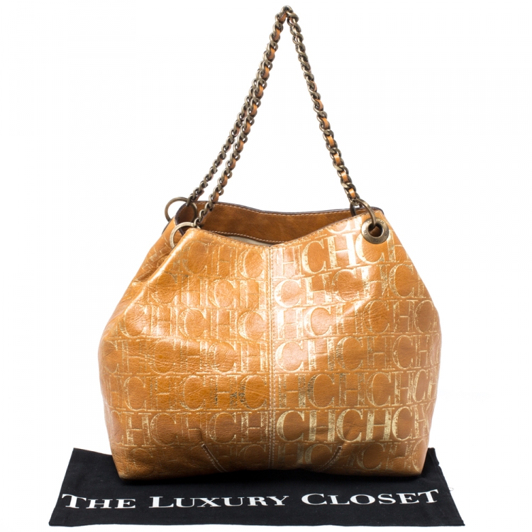 Pre Owned Carolina Herrera Brown/Gold Monogram Leather Chain Shoulder Bag