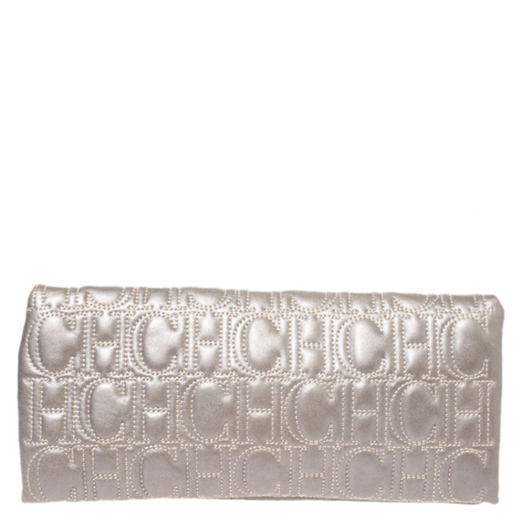 Pre Owned Carolina Herrera Light Grey Leather Jerry Clutch